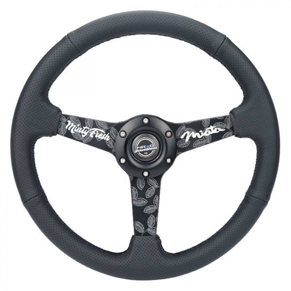 NRG Innovations® - 3-Spoke Perforated Leather Black Steering Wheel with Minty Fresh Miata Logo Etched