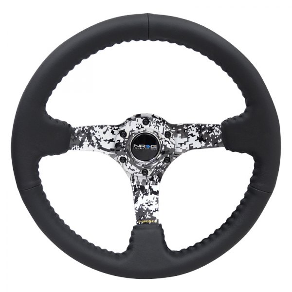NRG Innovations® - 3-Spoke Hydro Dipped Digital Camo Black Leather Reinforced Steering Wheel with Black Baseball Stitching