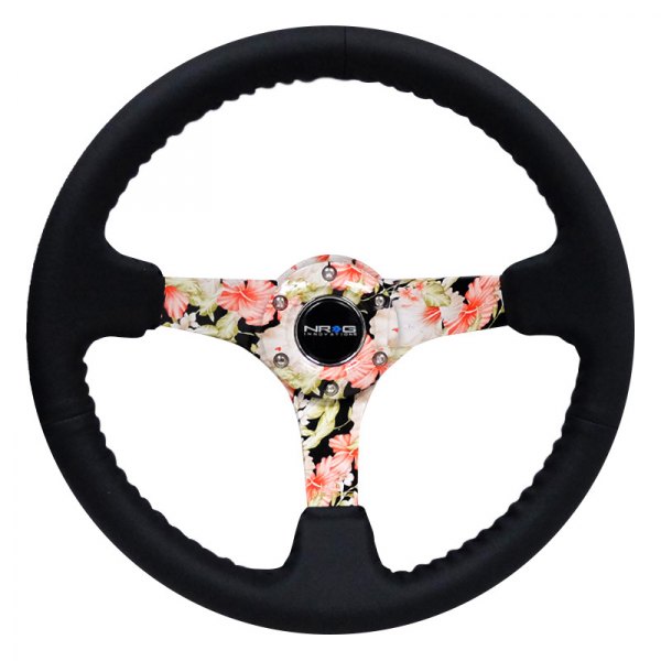 NRG Innovations® - 3-Spoke Hydro Dipped Tropical Floral Black Leather Reinforced Steering Wheel with Black Baseball Stitching