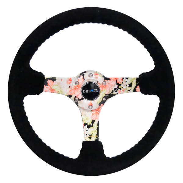 NRG Innovations® - 3-Spoke Hydro Dipped Tropical Floral Black Suede Reinforced Steering Wheel with Black Baseball Stitching