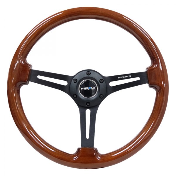 NRG Innovations® - 3-Spoke Classic Slotted Brown Wood Grain Reinforced Steering Wheel with Black Matte Spokes