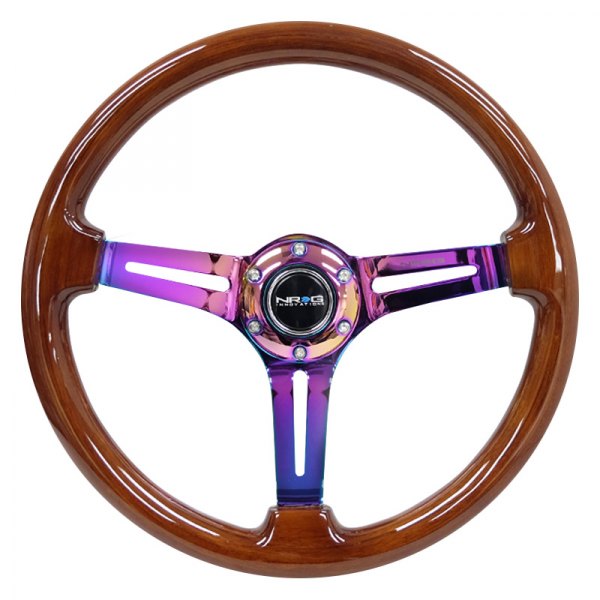 NRG Innovations® - 3-Spoke Classic Slotted Brown Wood Grain Reinforced Steering Wheel with Neo Chrome Spokes