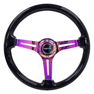 NRG Innovations® - 3-Spoke Classic Slotted Sparkle Black Wood Grain Reinforced Steering Wheel with Neo Chrome Spokes