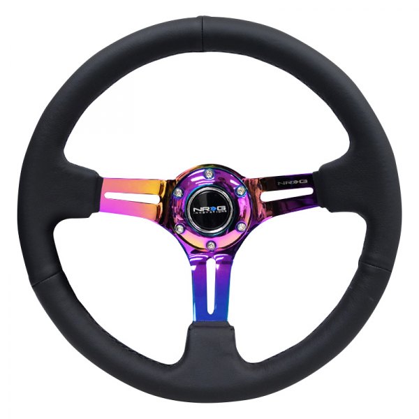 NRG Innovations® - 3-Spoke Black Leather Reinforced Steering Wheel with Neo Chrome Spokes and Slits