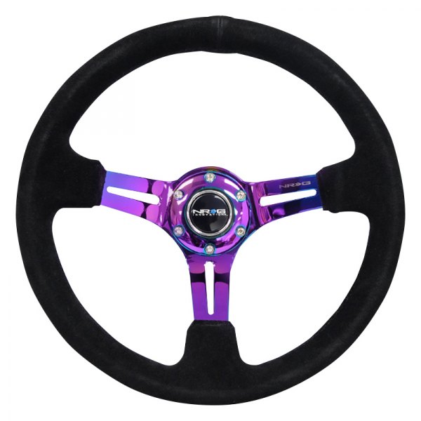 NRG Innovations® - 3-Spoke Black Suede Reinforced Steering Wheel with Neo Chrome Spokes and Slits