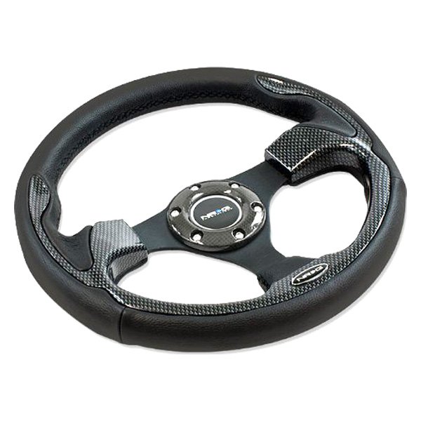NRG Innovations® - 3-Spoke Pilota Series Black Leather Reinforced Steering Wheel with Carbon Fiber Look Trim