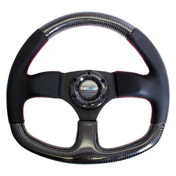 NRG Innovations® - 3-Spoke Carbon Fiber D-Shape Steering Wheel with Flat Bottom and Red Stitching