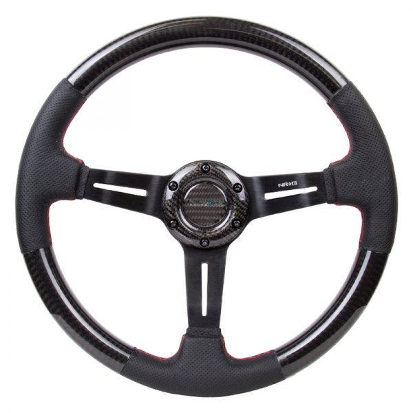 NRG Innovations® - 3-Spoke Carbon Fiber Deep Dish Steering Wheel with Leather Accent and Red Stitching