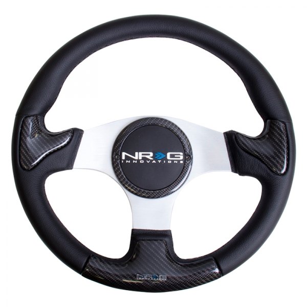 NRG Innovations® - 3-Spoke Carbon Fiber Steering Wheel with Rubber Cover Horn Button and Silver Frame