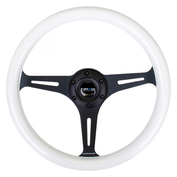 NRG Innovations® - 3-Spoke Luminor Series Classic Wood Grain Steering Wheel with Black Spokes and Puple Glowing