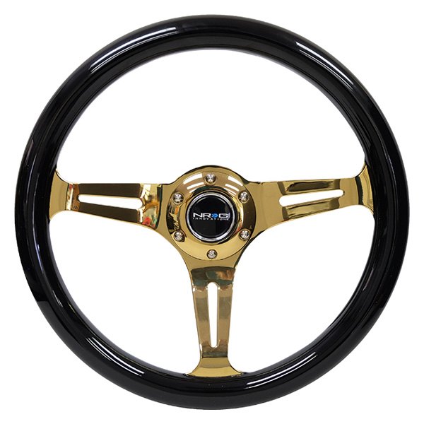 NRG Innovations® - 3-Spoke Classic Black Wood Grain Steering Wheel with Gold Chrome Spokes