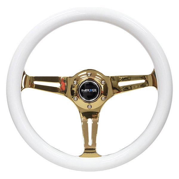 NRG Innovations® - 3-Spoke Classic White Wood Grain Steering Wheel with Gold Chrome Spokes