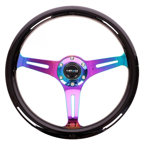 NRG Innovations® - 3-Spoke Classic Black Wood Grain Steering Wheel with Neo Chrome Spokes