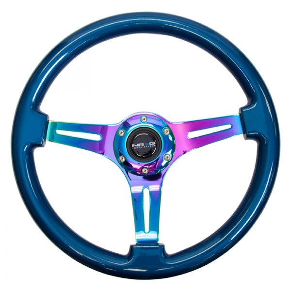 NRG Innovations® - 3-Spoke Classic Blue Pearl Wood Grain Steering Wheel with Neo Chrome Spokes