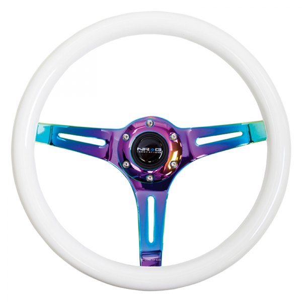 NRG Innovations® - 3-Spoke Luminor Series Classic Wood Grain Steering Wheel with Neo Chrome Spokes and Puple Glowing