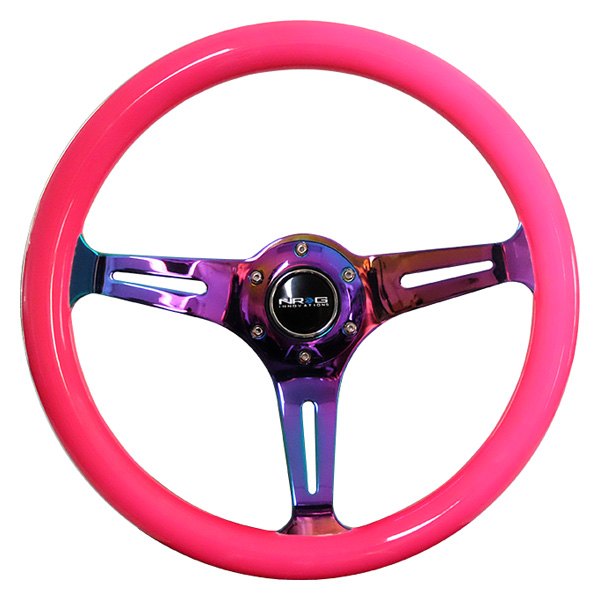 NRG Innovations® - 3-Spoke Classic Pink Wood Grain Steering Wheel with Neo Chrome Spokes