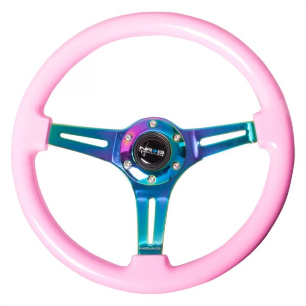 NRG Innovations® - 3-Spoke Classic Solid Pink Wood Grain Steering Wheel with Neo Chrome Spokes