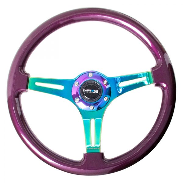 NRG Innovations® - 3-Spoke Classic Purple Pearl Wood Grain Steering Wheel with Neo Chrome Spokes