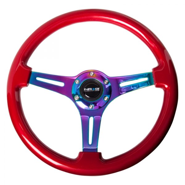 NRG Innovations® - 3-Spoke Classic Red Pearl Wood Grain Steering Wheel with Neo Chrome Spokes
