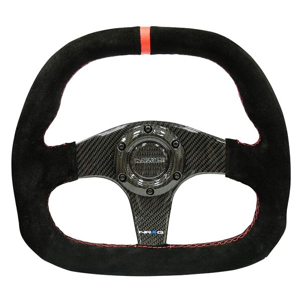 NRG Innovations® - 3-Spoke Black Suede D-Shape Steering Wheel with Black Carbon Fiber Center and Red Center Mark