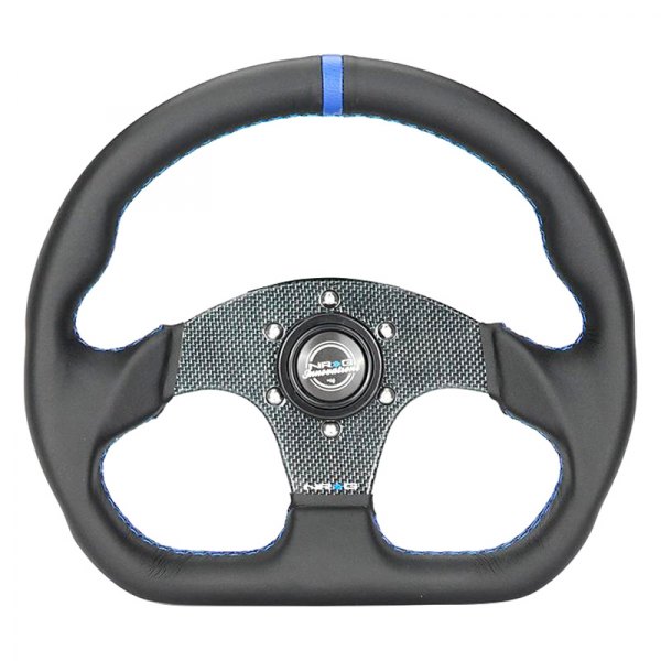 NRG Innovations® - 3-Spoke Flat Bottom Black Leather Reinforced Steering Wheel with Blue Center Mark and Carbon Fiber Center Spoke