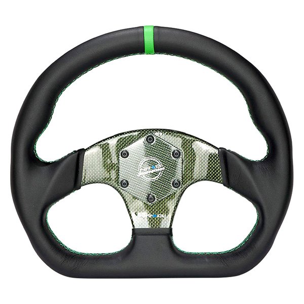 NRG Innovations® - 3-Spoke Flat Bottom Black Leather Reinforced Steering Wheel with Green Center Mark and Carbon Fiber Center Spoke