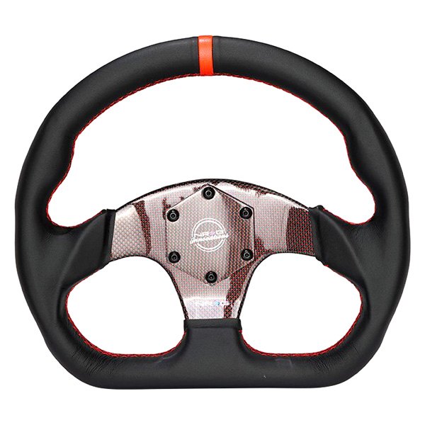NRG Innovations® - 3-Spoke Flat Bottom Black Leather Reinforced Steering Wheel with Red Center Mark and Carbon Fiber Center Spoke