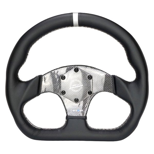 NRG Innovations® - 3-Spoke Flat Bottom Black Leather Reinforced Steering Wheel with Silver Center Mark and Carbon Fiber Center Spoke