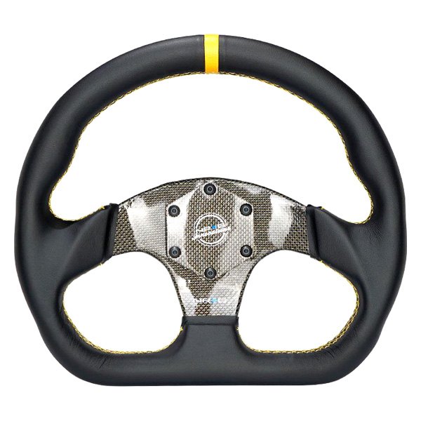 NRG Innovations® - 3-Spoke Flat Bottom Black Leather Reinforced Steering Wheel with Yellow Center Mark and Carbon Fiber Center Spoke