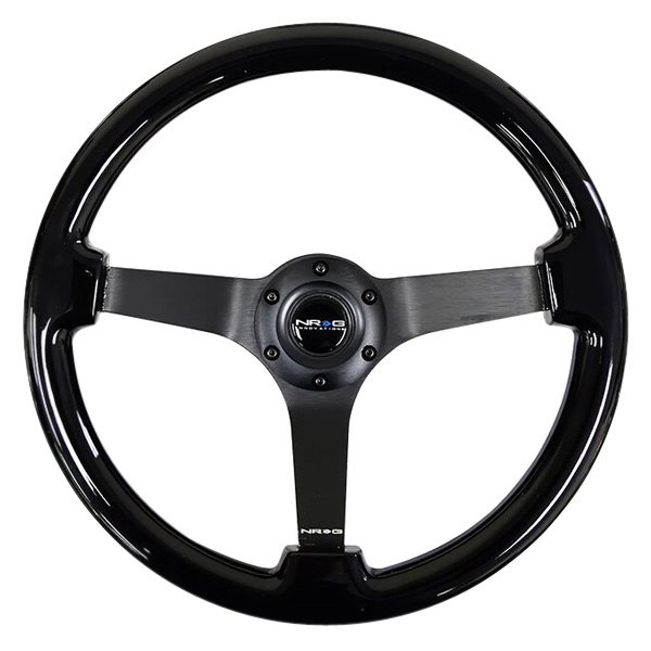 NRG Innovations® - 3-Spoke Classic Black Wood Grain Reinforced Steering Wheel with Black Chrome Spokes