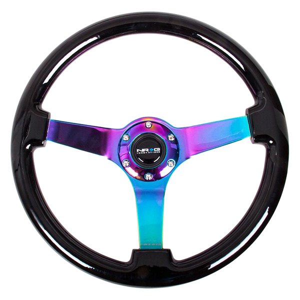 NRG Innovations® - 3-Spoke Classic Black Wood Grain Reinforced Steering Wheel with Neo Chrome Spokes