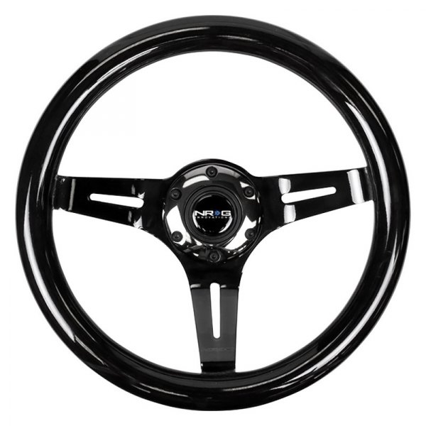 NRG Innovations® - 3-Spoke Classic Black Wood Grain Steering Wheel with Black Chrome Spokes