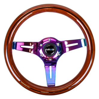 NRG Innovations® - 3-Spoke Classic Dark Wood Grain Steering Wheel with Neo Chrome Spokes