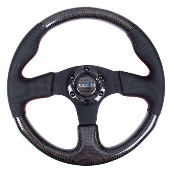 NRG Innovations® - 3-Spoke Carbon Fiber Steering Wheel with Leather Handle Bars and Red Stitching