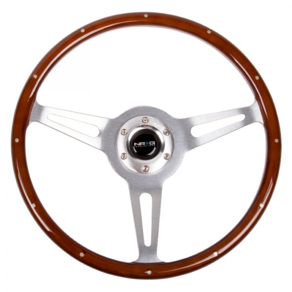 NRG Innovations® - 3-Spoke Classic Wood Grain Steering Wheel with Brush Aluminum Spokes and Metal Inserts