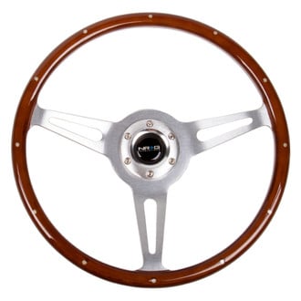 NRG Innovations® - 3-Spoke Brush Aluminum Design Classic Wood Grain Steering Wheel with Metal Inserts