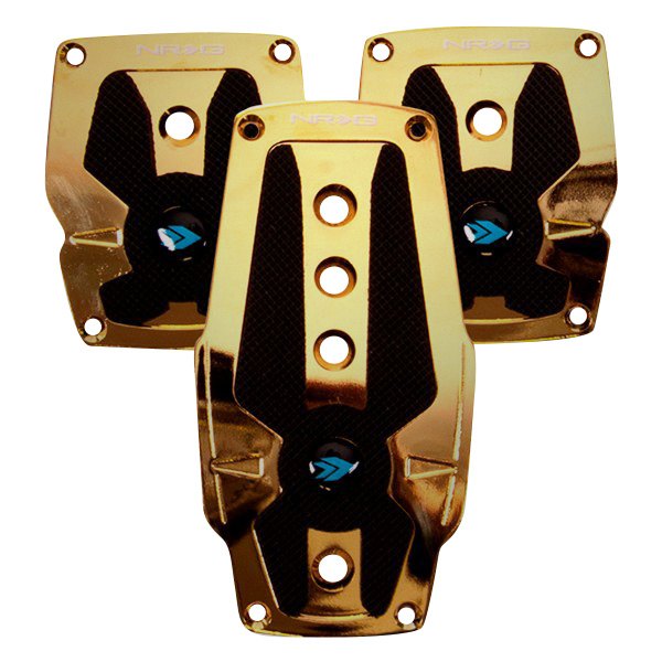 NRG Innovations® - Manual Gold Chrome Brushed Aluminum Pedal Pad Set with Black Rubber Insert