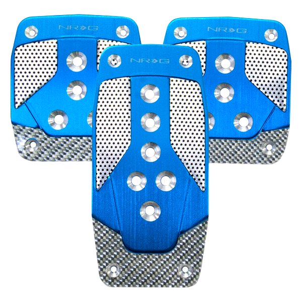NRG Innovations® - Manual Blue Aluminum Pedal Pad Set with Silver Carbon Fiber