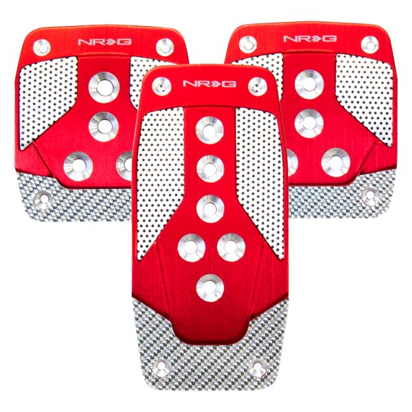 NRG Innovations® - Manual Red Aluminum Pedal Pad Set with Silver Carbon Fiber