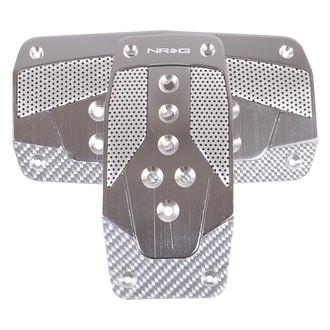 NRG Innovations® - Automatic Gun Metal Aluminum Pedal Pad Set with Silver Carbon Fiber