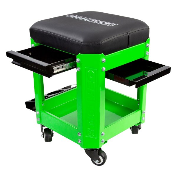 OEM Tools® - 280 lb Green Workshop Rectangular Creeper Seat with Tool Tray and 2 Pieces Sliding Drawers and Can Holder for 3 Pieces Cans