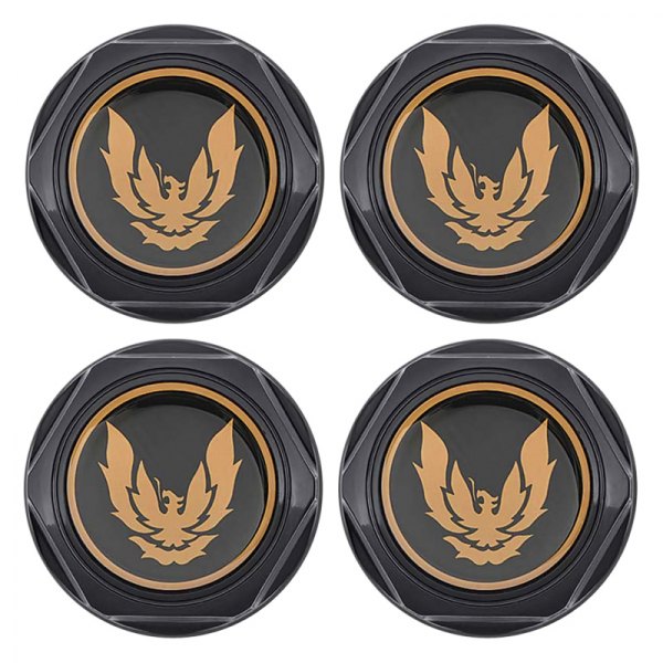 OER® - Gloss Black Wheel Center Caps With Gold Firebird Logo on a Black Background