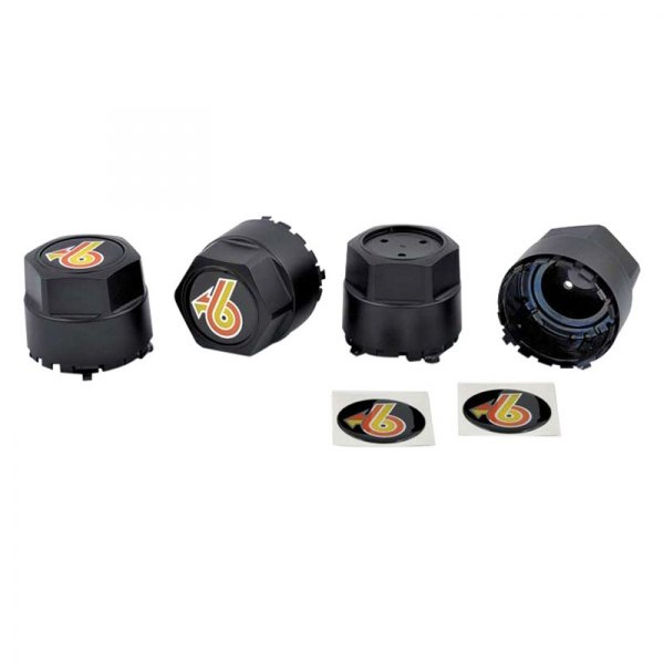 OER® - Black Wheel Center Caps With Yellow / Orange Turbo 6 Logo on a Black Background
