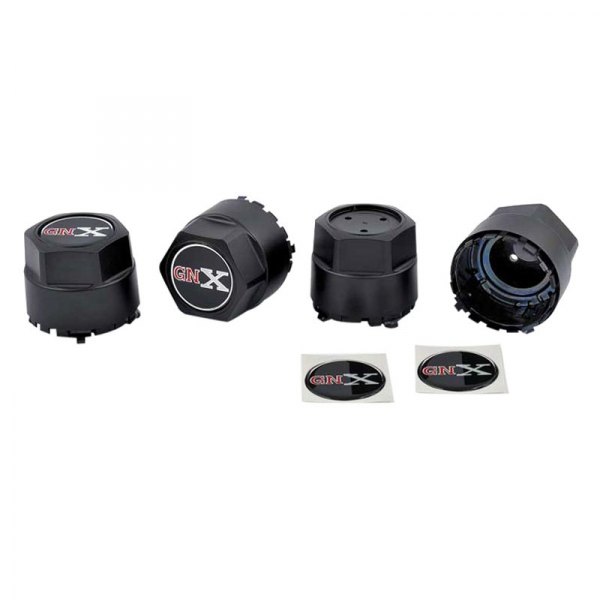OER® - Black Wheel Center Caps With Red/Silver Buick GNX Logo on a Black Background