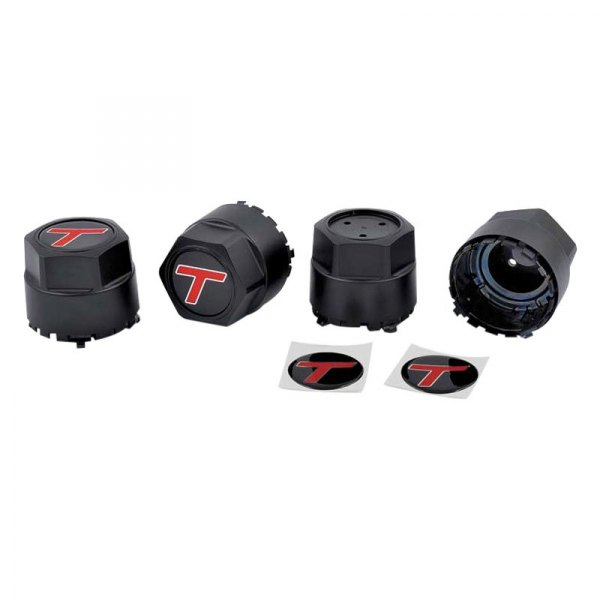 OER® - Black Wheel Center Caps With Red T Logo on a Black Background