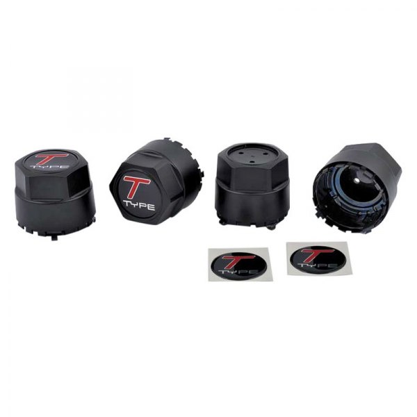 OER® - Black Wheel Center Caps With Red/Silver T-Type Logo on a Black Background
