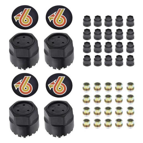OER® - Black Wheel Center Caps and Hardware Set With Buick Turbo 6 Emblems