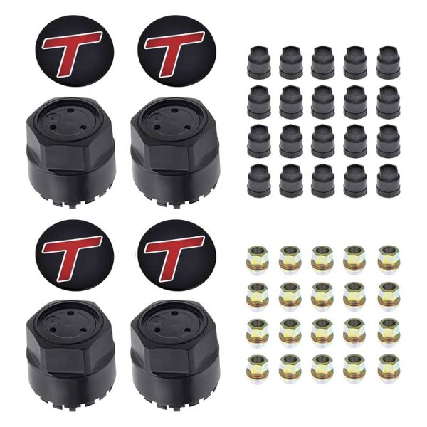 OER® - Black Wheel Center Caps and Hardware Set With T Emblems