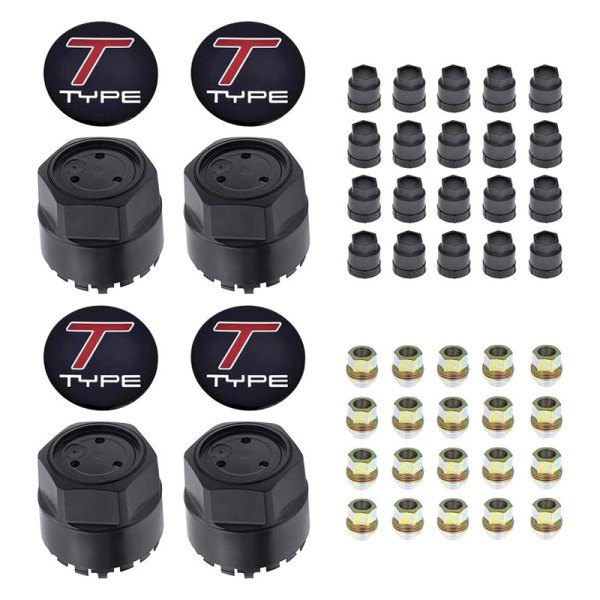 OER® - Black Wheel Center Caps and Hardware Set With T-Type Emblems