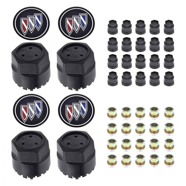 OER® - Black Wheel Center Caps and Hardware Set With Buick Tri-shield Emblems